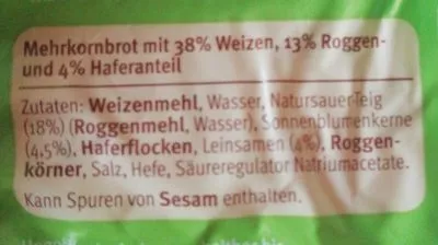 Lista de ingredientes del producto Lieken Mehrkornbrot  