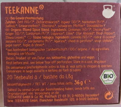 Lista de ingredientes del producto Oriental Chai Teekanne 36 g / 20 Teebeutel a 1,8 g