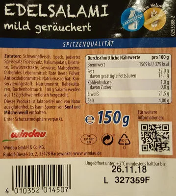 Lista de ingredientes del producto Edel-Salami mild geräuchert windau 150g