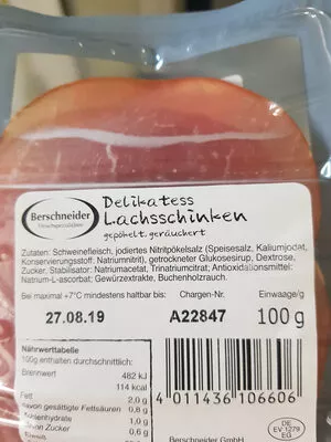 Lista de ingredientes del producto Lachsschinken Berschneider 100 g