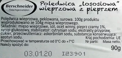 Lista de ingredientes del producto Polędwica łososiowa wieprzowa z pieprzem Berschneider 90 g