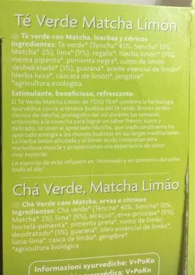 Lista de ingredientes del producto YogiTea thé vert matcha citron Yogi Tea 