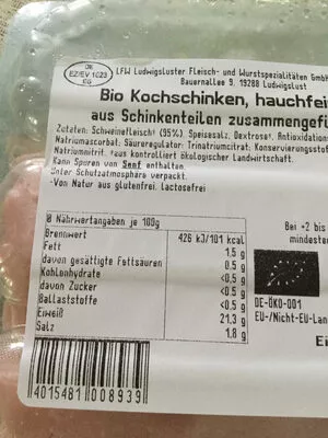 Lista de ingredientes del producto Bio Kochschinken Bio Lust 80 g