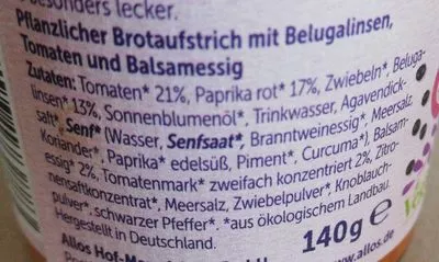 Lista de ingredientes del producto Linsen-Aufstrich: Belugalinse Balsamico Allos 140g