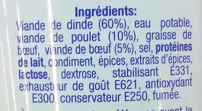 Lista de ingredientes del producto Burcu Hindi-Tavuk Sosis Efepasa Burcu 550 g e / 250 g égoutté