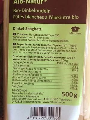 Lista de ingredientes del producto Pâtes blanches à l'épeautre bio Alb natur 