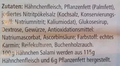 Lista de ingredientes del producto Hähnchen Salami mit Pflanzenfett Wiesenhof 80g