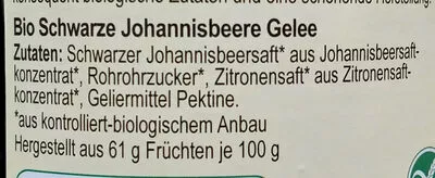 Lista de ingredientes del producto Schwarze johannisbeere Zwergenwiese 195 g