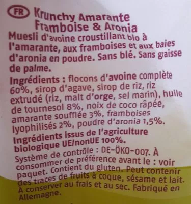 Lista de ingredientes del producto Krunchy Amaranth Framboise Aronia Barnhouse 