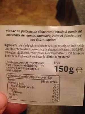 Lista de ingredientes del producto Dilimli Hindi Gögsü Yayla 150 g