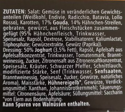 Lista de ingredientes del producto Meal Quick Frischer Salat Hähnchen-Käse Meal Quick 280 g (180g Salatmischung + 100 ml Dressing)