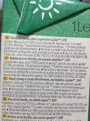 Lista de ingredientes del producto Bebida arroz y vainilla Natumi 