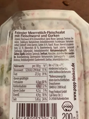 Lista de ingredientes del producto Popp Meerrettich Fleischsalat Feinkost popp 200g