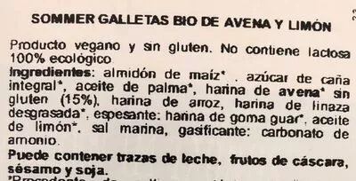 Lista de ingredientes del producto Galletas Bio de Avena y Limón sommer 150 g