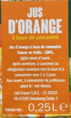 Lista de ingredientes del producto jus d'orange à base de concentré Solevita 25 cl