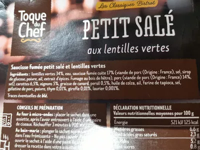 Lista de ingredientes del producto Petit Salé aux lentilles vertes  350 g