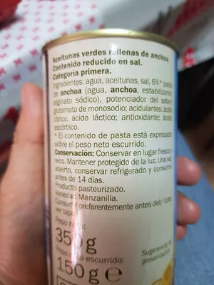 Lista de ingredientes del producto Aceitunas manzanilla rellenas de anchoa baresa 350