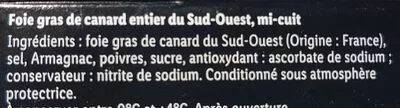 Lista de ingredientes del producto Foie gras de canard entier du sud ouest Deluxe 250 g