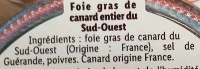 Lista de ingredientes del producto Foie Gras de canard entier du Sud-Ouest Lidl 