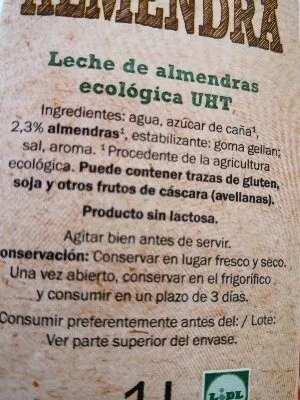 Lista de ingredientes del producto Leche de almendra Milbona 