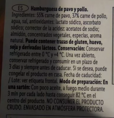 Lista de ingredientes del producto Hamburguesa pavo pollo Lidl 540 g