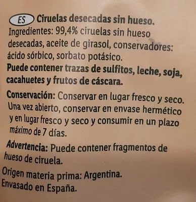 Lista de ingredientes del producto Ciruelas sin hueso Alesto 250 g.