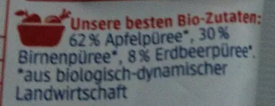 Lista de ingredientes del producto Birne-Erdbeere in Apfel dmBio, dm Bio 90 g