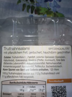 Lista de ingredientes del producto Truthahn Salami Börner Eisenacher 200 g