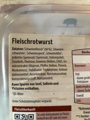 Lista de ingredientes del producto Fleischrotwurst Böklunder 200g