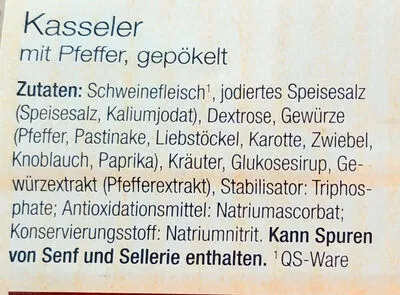 Lista de ingredientes del producto Kasseler mit Pfeffer, gepökelt Kupfer 100 g