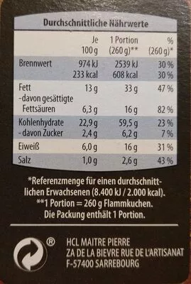 Lista de ingredientes del producto Flammkuchen Elsässer Art Pizza'AH (Aldi Süd) 260 g