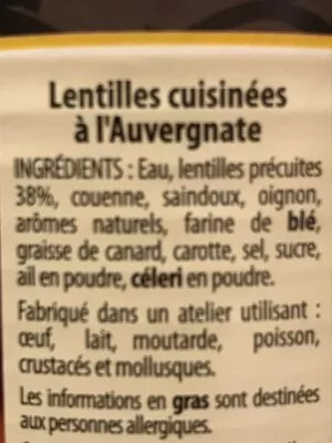 Lista de ingredientes del producto Lentilles cuisinées a l’auvergnate Raynal et Roquelaure 