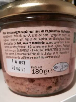 Lista de ingredientes del producto Terrine de campagne bio  180 g