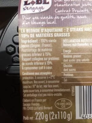 Lista de ingredientes del producto Steack special burger L'Étal du Boucher, Lidl 2 x 110 g