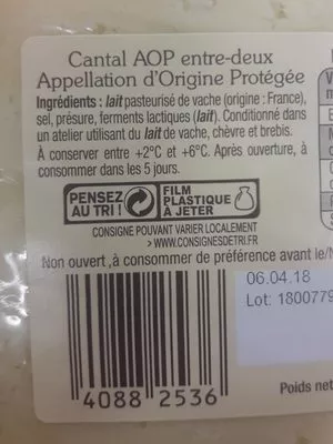 Lista de ingredientes del producto Cantal AOP saveurs de nos régions 300 g