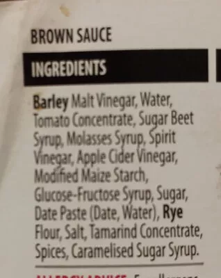 Lista de ingredientes del producto Brown Sauce Bramwells 455g