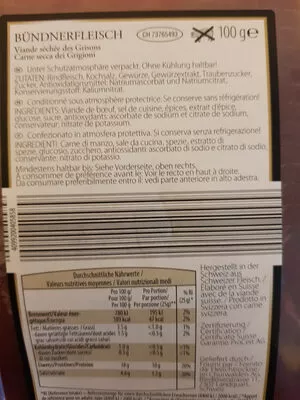 Lista de ingredientes del producto Viande des grisons Gourmet Aldi 100g