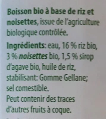 Lista de ingredientes del producto Boisson bio au riz Nature Active Bio 1 l