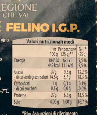 Lista de ingredientes del producto Salame Felino I.G.P. Regione che vai 100g