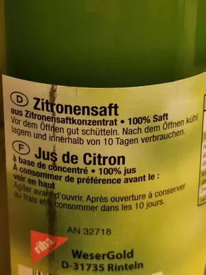 Lista de ingredientes del producto Zitronensaft  