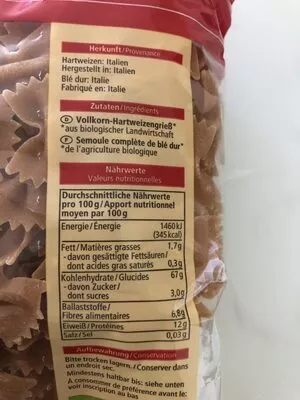 Lista de ingredientes del producto Vollkorn Farfalle Alnatura 500 g