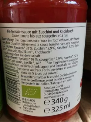 Lista de ingredientes del producto Sugo toscano Alnatura, Migros 340 g