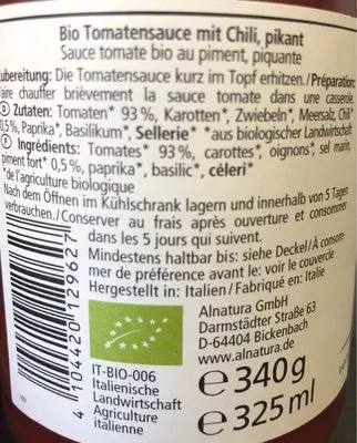 Lista de ingredientes del producto Sugo piccante Alnatura, Migros 340 g