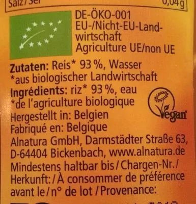 Lista de ingredientes del producto Reis Alnatura 