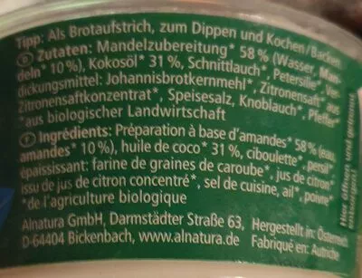 Lista de ingredientes del producto Frischecreme Kräuter Alnatura 150g