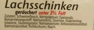 Lista de ingredientes del producto Delikatess Lachs-Schinken Kleinemas 150 g