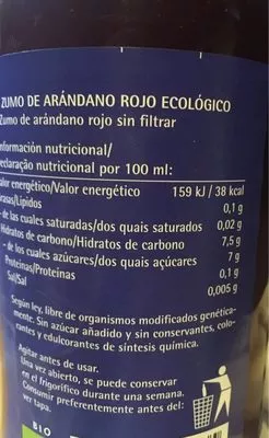 Lista de ingredientes del producto Zumo de arándano rojo ecológico Beutelsbacher 