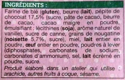 Lista de ingredientes del producto Petits cookies au chocolat et à la noisette Picard 150 g