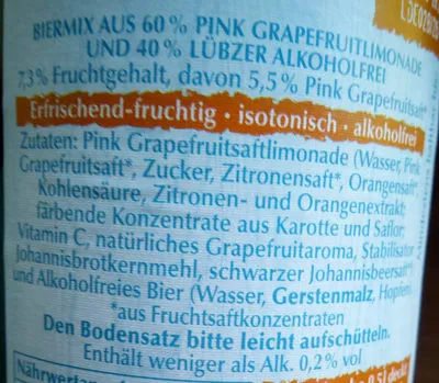 Lista de ingredientes del producto Lübzer Grapefruit naturtrüb Alkoholfrei Lübzer 0,5 l