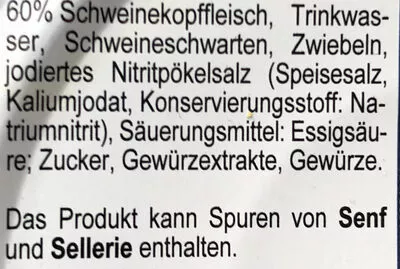 Lista de ingredientes del producto Schweinskopf-Sülze Hofmaier‘s 400g